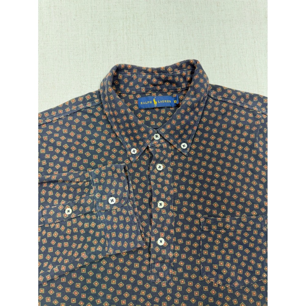 Ralph Lauren Mens XL Long Sleeve Polo Shirt Navy Geometric Diamond Print Cotton